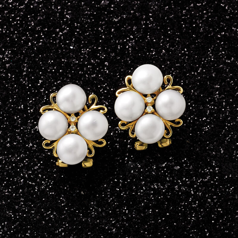 6-6.5mm Cultured Pearl Cluster Earrings with Diamonds in 14kt Yellow Gold  image number 3