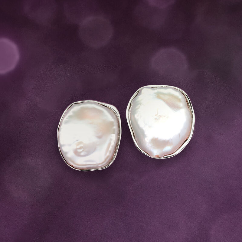 13-14mm Bezel-Set Cultured Keshi Pearl Earrings in Sterling Silver image number 4