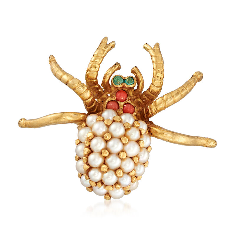 C. 1950 Vintage Cultured Pearl and Multi-Stone Spider Pin in 18kt Yellow Gold image number 0