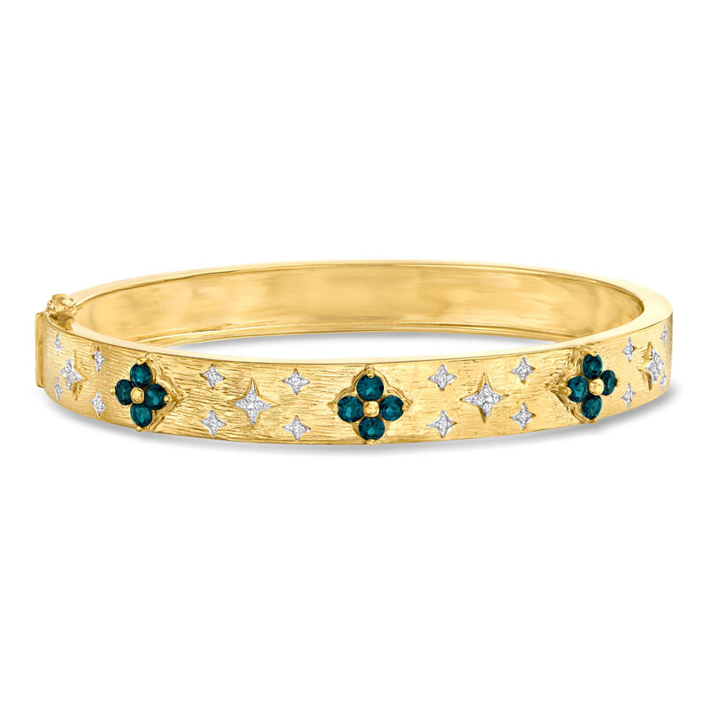 .80 ct. t.w. London Blue Topaz Floral Bangle Bracelet with .10 ct. t.w. Diamonds in 18kt Gold Over Sterling image number 0