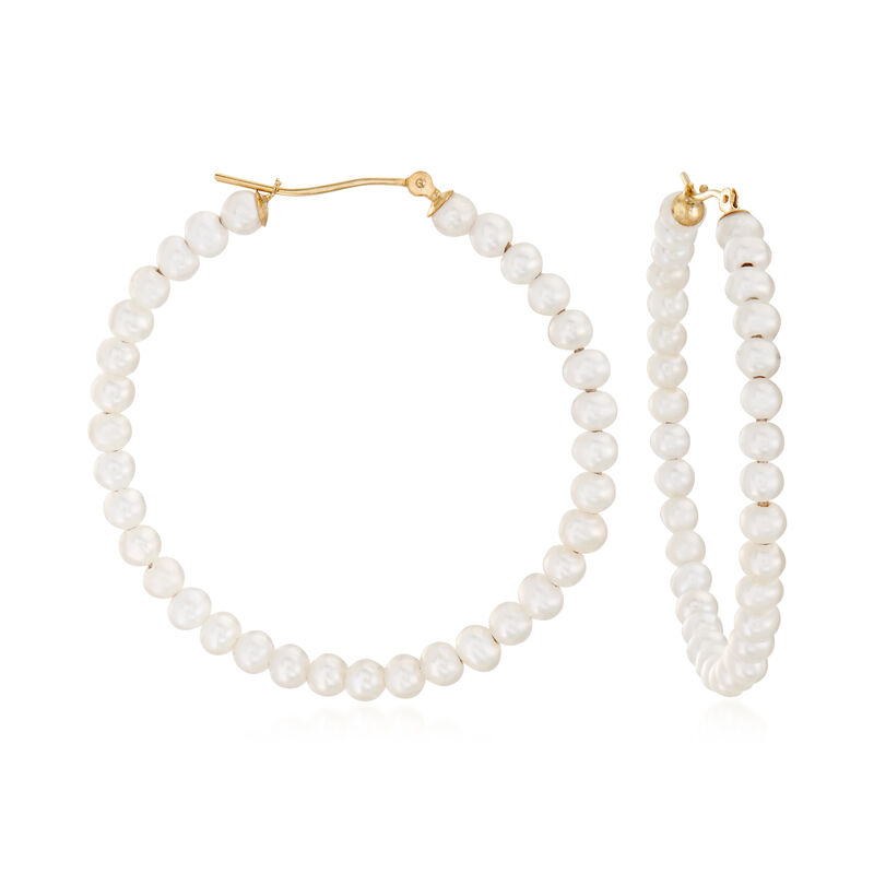 3-4mm Cultured Pearl Hoop Earrings in 14kt Yellow Gold. 1 3/4&quot; image number 0