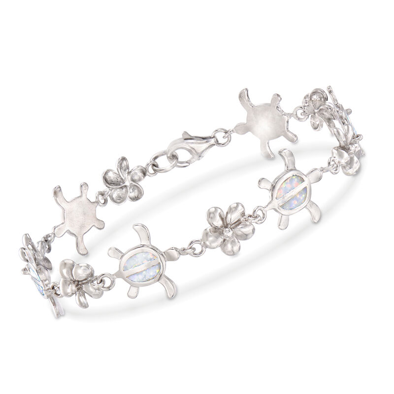 Synthetic Opal Turtle and Flower Bracelet in Sterling Silver image number 0