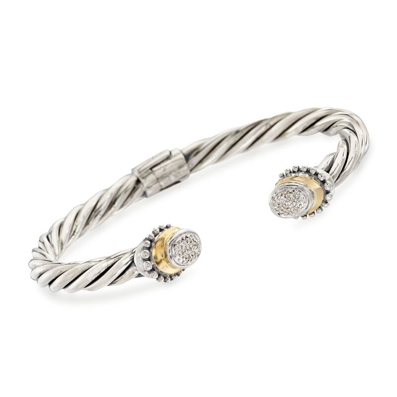 Sterling Silver Cable Cuff Bracelet with 18kt Yellow Gold and Diamond Accents image number 0