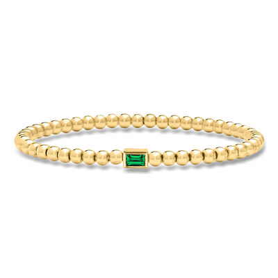.20 Carat Lab-Grown Emerald and 4mm 18kt Gold Over Sterling Bead Stretch Bracelet