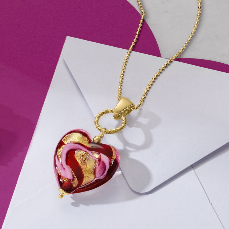 Italian Red and Pink Murano Glass Heart Necklace in 18kt Gold Over Sterling image number 3