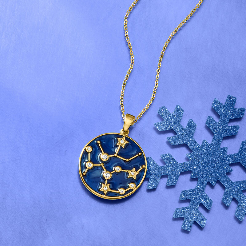 White Zircon and Blue Enamel Zodiac Constellation Pendant Necklace in 18kt Gold Over Sterling image number 4