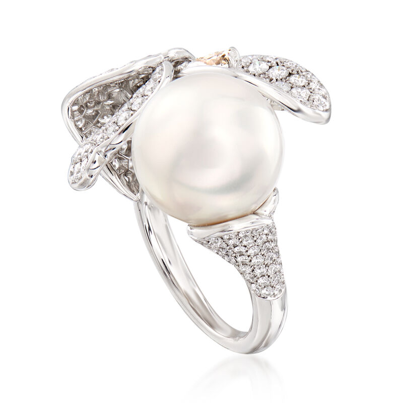 Mikimoto 13mm A+ South Sea Pearl and 3.42 ct. t.w. Diamond Flower Ring in 18kt White Gold. Size 6.5 image number 3