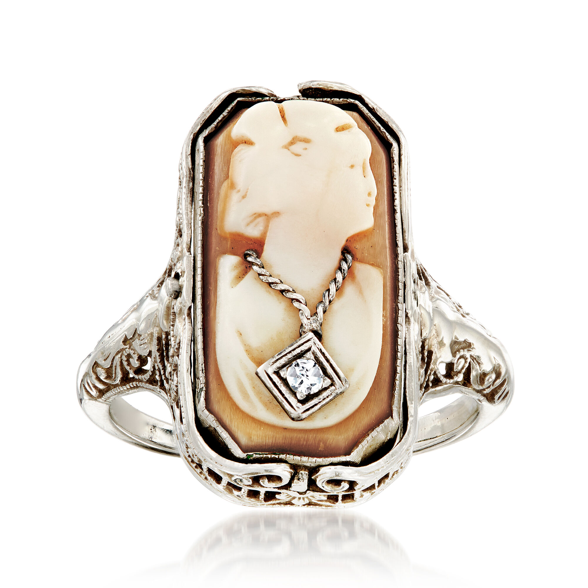 C. 1950 Vintage Diamond-Accented Onyx and Brown Shell Cameo Flip