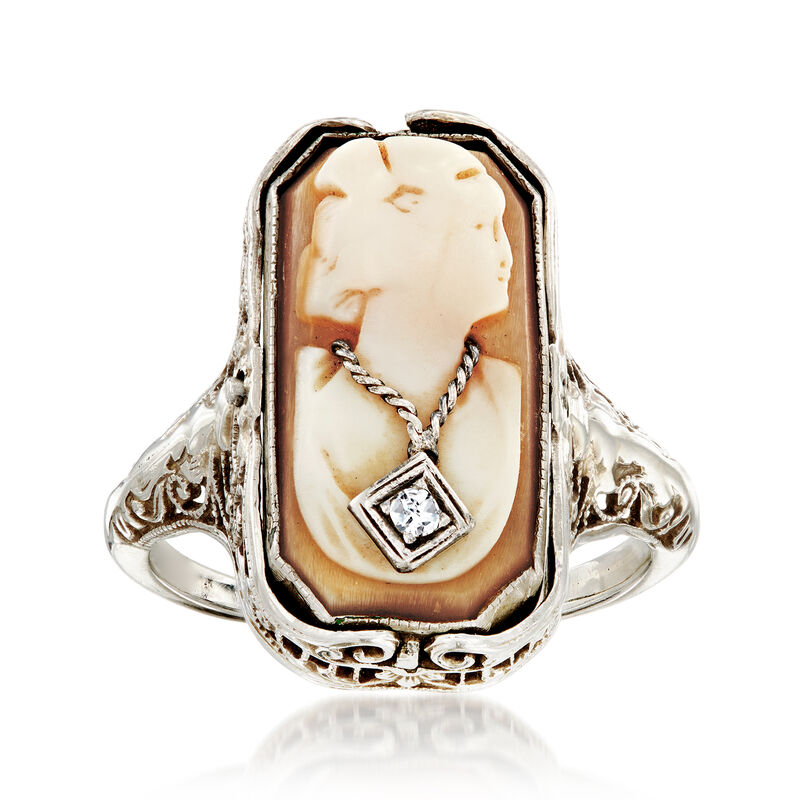 C. 1950 Vintage Diamond-Accented Onyx and Brown Shell Cameo Flip Ring in 14kt White Gold image number 0