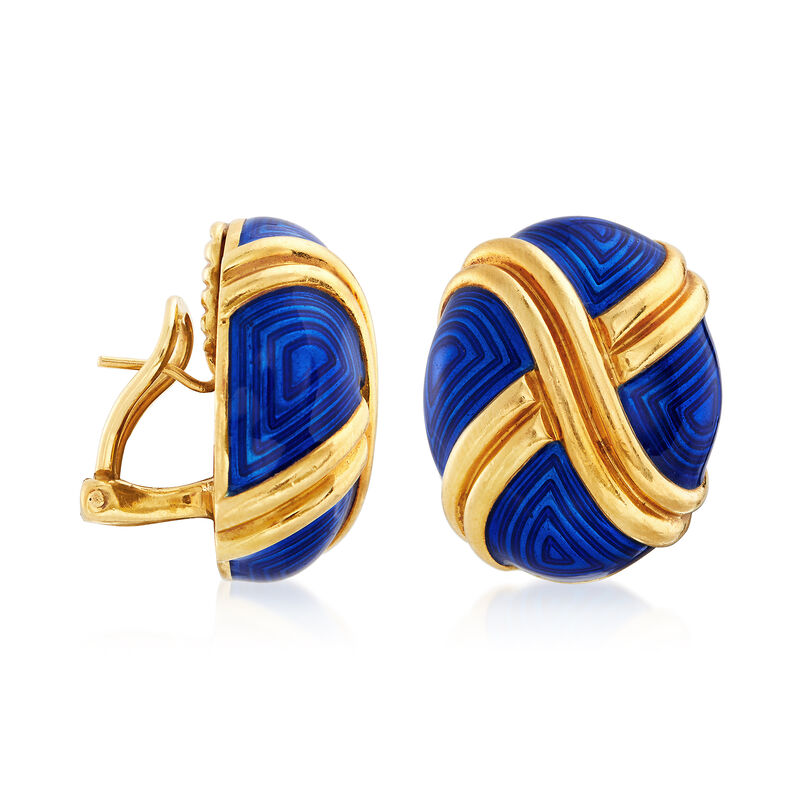 C. 1970 Vintage Blue Enamel and 18kt Yellow Gold X Earrings image number 2