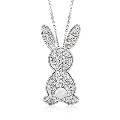 1.10 ct. t.w. White Topaz Bunny Pin/Pendant Necklace with 4.5-5mm Cultured Pearl in Sterling Silver