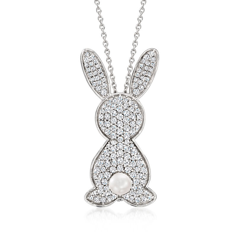 1.10 ct. t.w. White Topaz Bunny Pin/Pendant Necklace with 4.5-5mm Cultured Pearl in Sterling Silver. 18&quot; image number 0