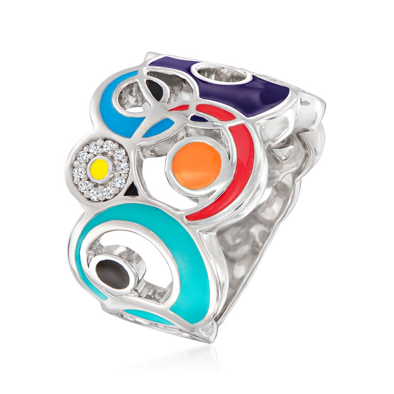 Belle Etoile &quot;Circles&quot; Multicolored Enamel Ring with .10 ct. t.w. CZs in Sterling Silver. Size 9 image number 2