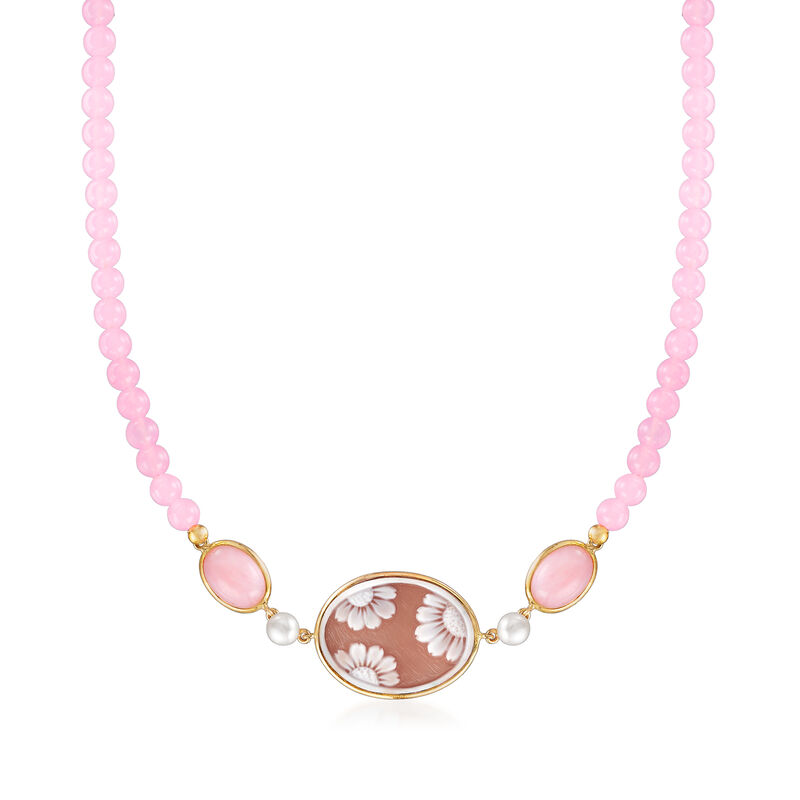 Italian 6-6.5mm Cultured Pearl and Muti-Gemstone Floral Cameo Necklace in 14kt Yellow Gold image number 0