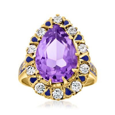 C. 1960 Vintage 4.40 Carat Amethyst and .50 ct. t.w. Diamond Ring with Blue Enamel in 14kt Yellow Gold