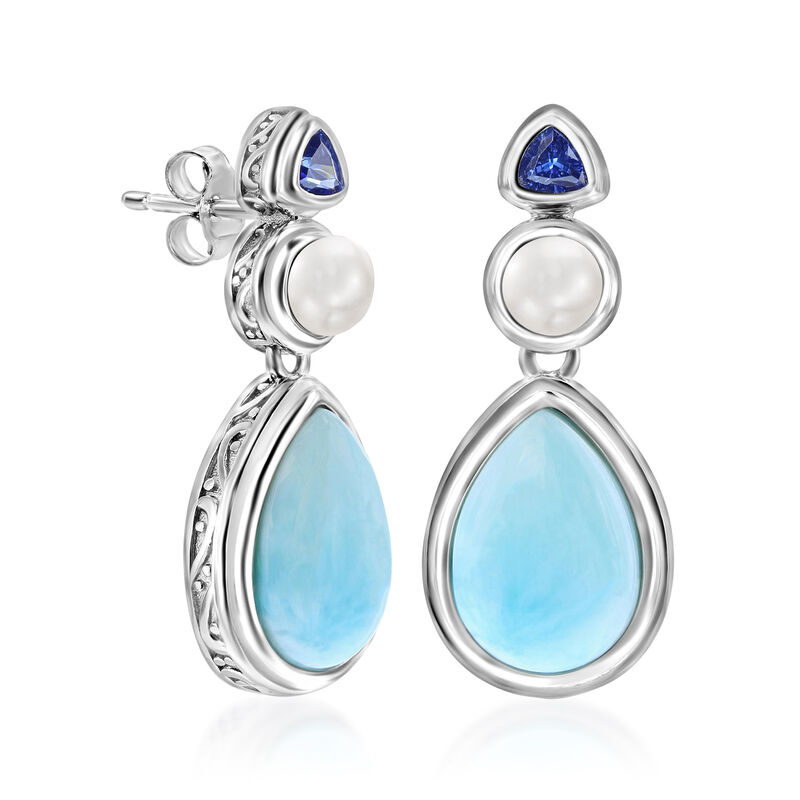 Larimar, 4mm Cultured Pearl and .10 ct. t.w. Simulated Tanzanite Drop Earrings in Sterling Silver  image number 1