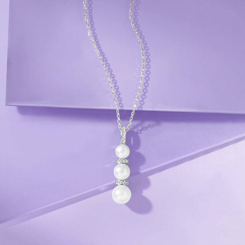 6-8.5mm Cultured Pearl and .10 ct. t.w. Diamond Pendant Necklace in Sterling Silver. 18&quot; image number 3
