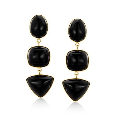 C. 1990 Vintage Onyx Drop Earrings in 14kt Yellow Gold