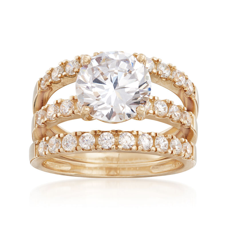 3.50 ct. t.w. CZ Bridal Set: Engagement and Wedding Rings in 14kt Yellow Gold image number 0