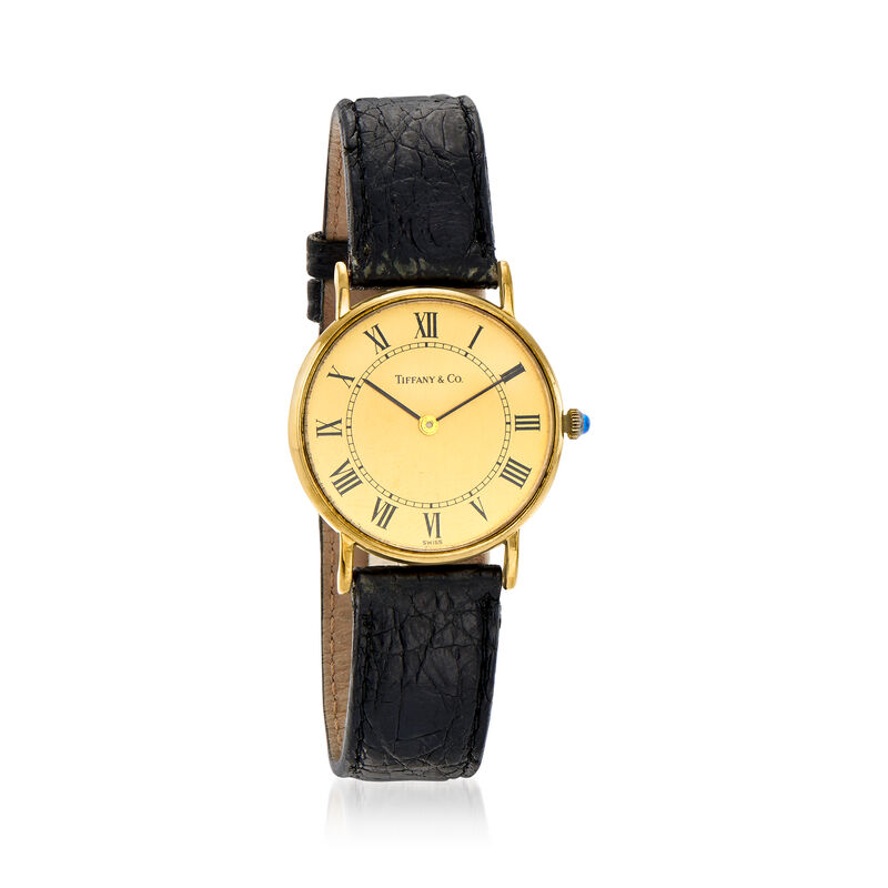 C. 1980 Vintage Tiffany Jewelry Women's 14kt Yellow Gold Watch with Black Leather Strap image number 0