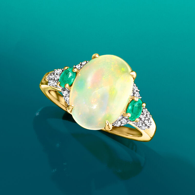 Ethiopian Opal Ring with .30 ct. t.w. Emeralds and .17 ct. t.w. Diamonds in 14kt Yellow Gold image number 3