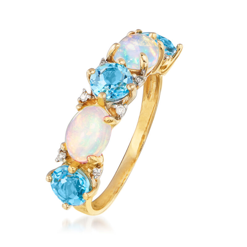 Opal and 1.80 ct. t.w. Swiss Blue Topaz Ring with Diamond Accents in 14kt Yellow Gold image number 2
