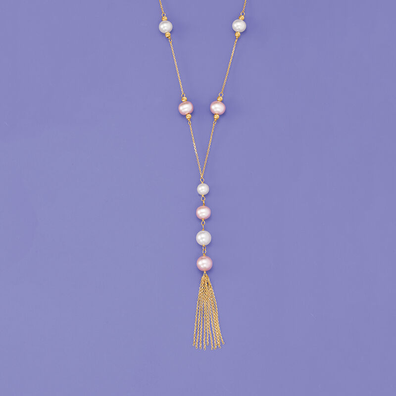 6-8.5mm White and Pink Cultured Pearl Lariat Necklace in 14kt Yellow Gold image number 2