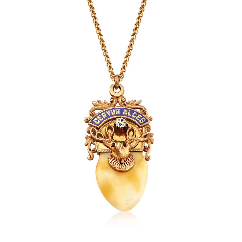 C. 1940 Vintage .25 Carat Diamond and Bone Elks Lodge Pendant Necklace in 14kt Yellow Gold image number 0