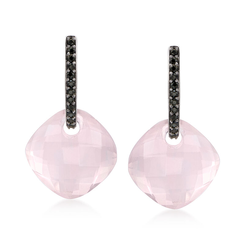 17.80 ct. t.w. Rose Quartz and .31 ct. t.w. Black Spinel Drop Earrings in Sterling Silver image number 0