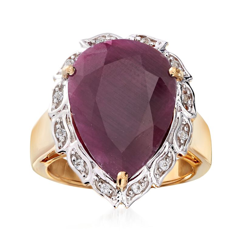 9.75 Carat Pear-Shaped Ruby and .10 ct. t.w. White Topaz Ring in 18kt Gold Over Sterling image number 0