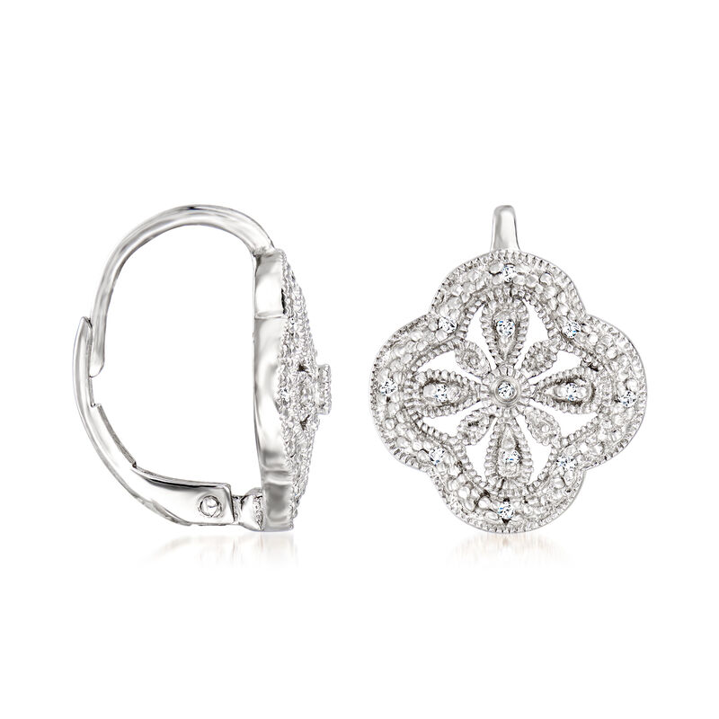 Openwork Clover Drop Earrings with Diamonds in Sterling Silver image number 2