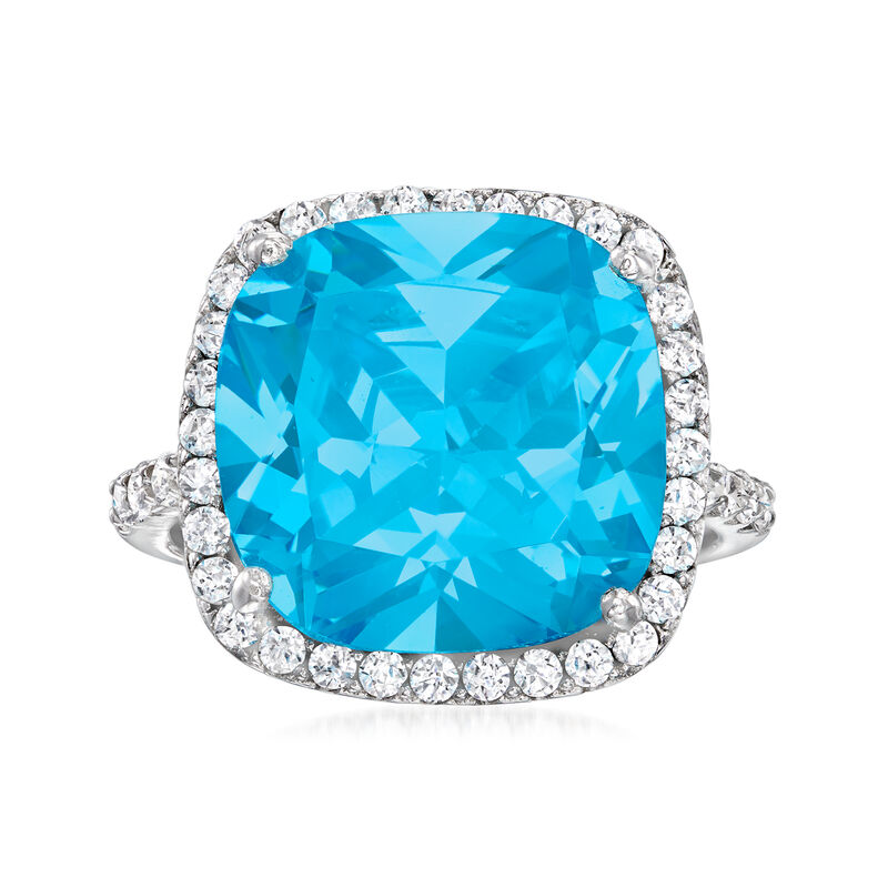 10.00 Carat Simulated Swiss Blue Topaz and .60 ct. t.w. CZ Ring in Sterling Silver image number 0