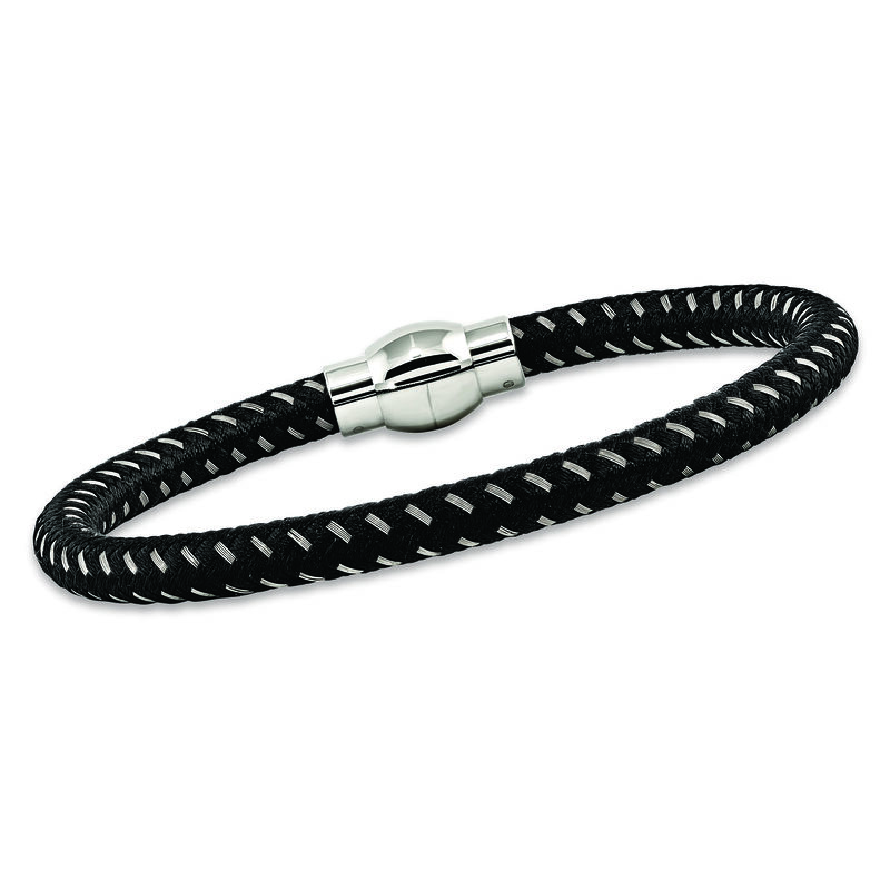Men's Stainless Steel and Black Nylon Braided Bracelet. 8.5&quot; image number 0