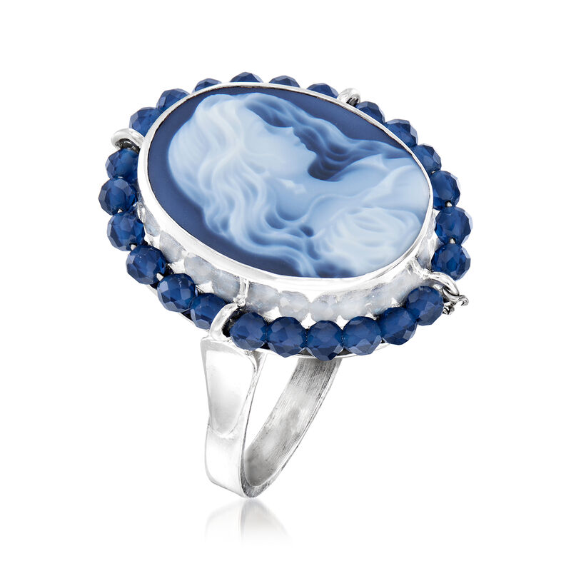 Italian Blue Agate Cameo Ring with 1.32 ct. t.w. Blue Spinel in Sterling Silver image number 2