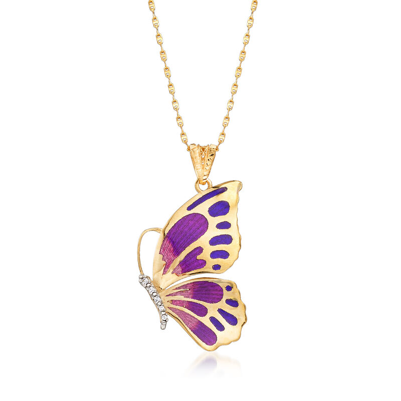 Italian 18kt Yellow Gold Butterfly Pendant Necklace with Enamel and CZ Accents. 18&quot; image number 0