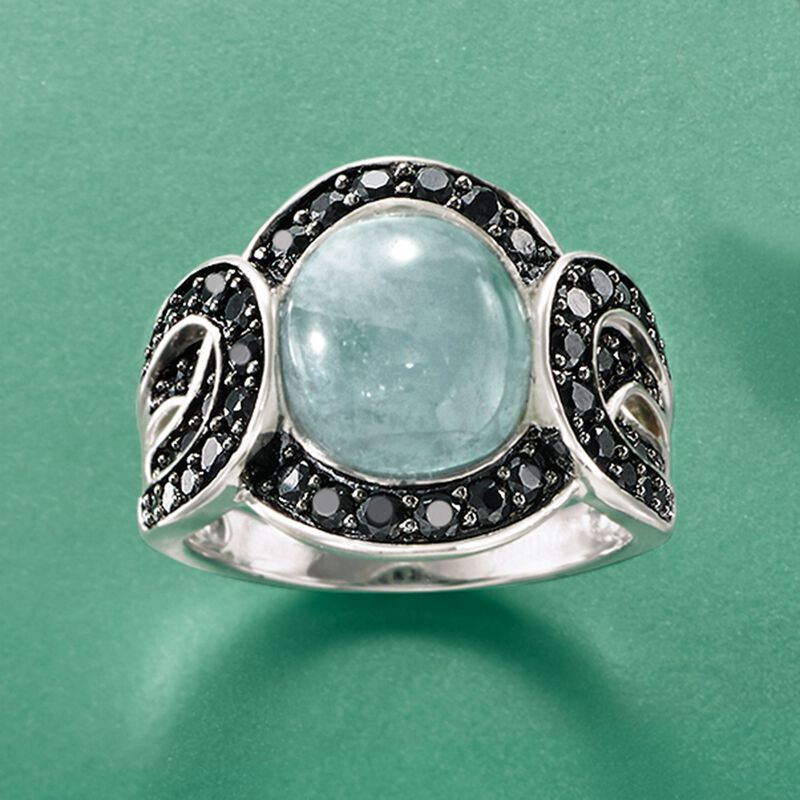 3.80 Carat Cabochon Aquamarine and Black Spinel Ring in Sterling Silver image number 3