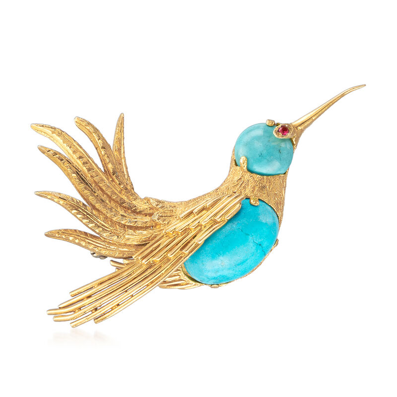 C. 1970 Vintage Turquoise and Ruby-Accented Bird Pin in 18kt Yellow Gold image number 0