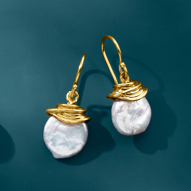 12-13mm Cultured Coin Pearl Drop Earrings in 18kt Gold Over Sterling  image number 4
