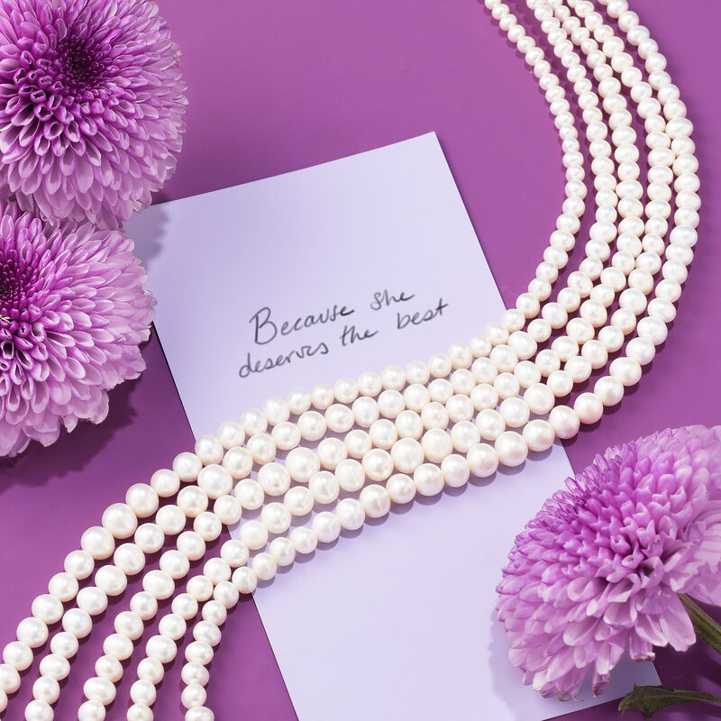4-8.5mm Cultured Pearl Five-Strand Layered Necklace with Sterling Silver. 16&quot; image number 4