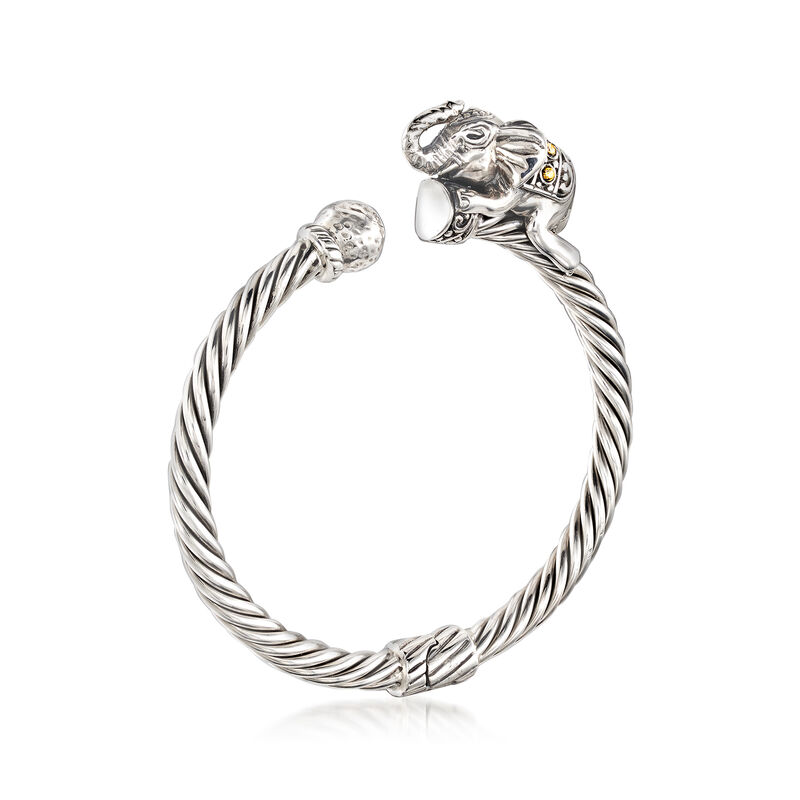 Sterling Silver Bali-Style Elephant Bangle Bracelet with 18kt Yellow Gold image number 3