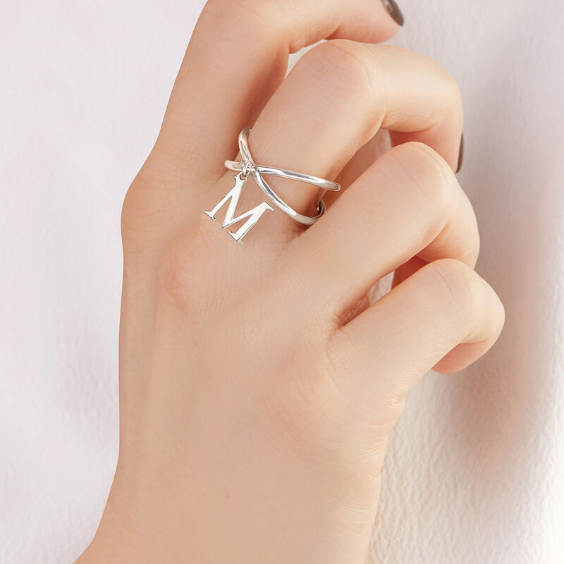 Sterling Silver Personalized Single-Initial Charm Crisscross Ring image number 3