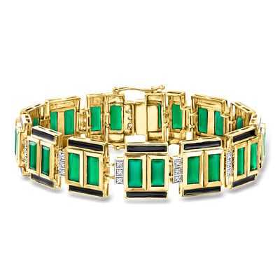 Green Chalcedony and .50 ct. t.w. White Topaz Bracelet with Black Enamel in 18kt Gold Over Sterling