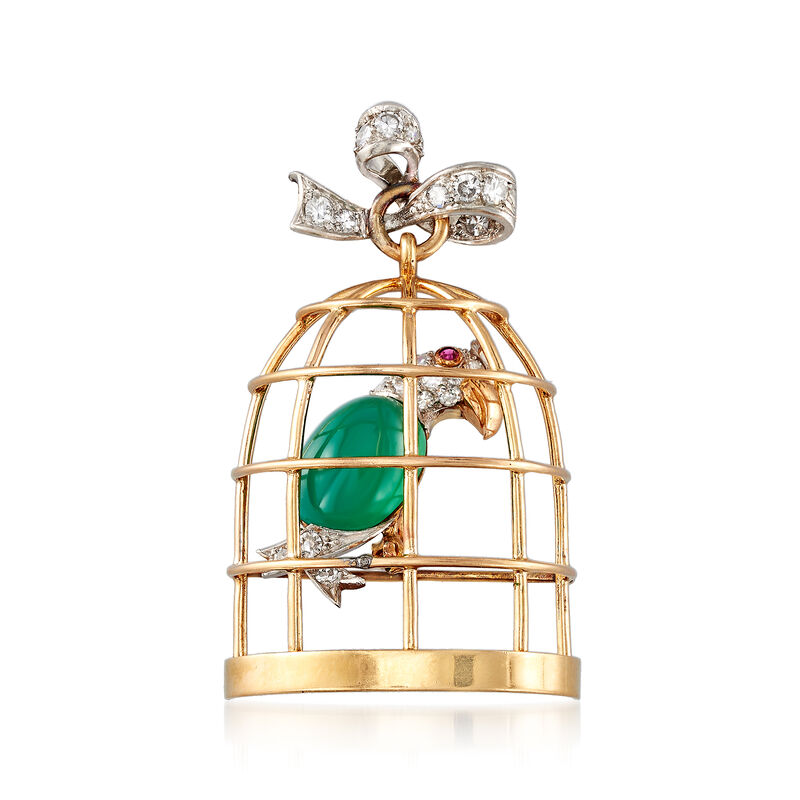 C. 1950 Vintage Green Chalcedony and .55 ct. t.w. Diamond Caged Bird in 18kt Yellow Gold image number 0