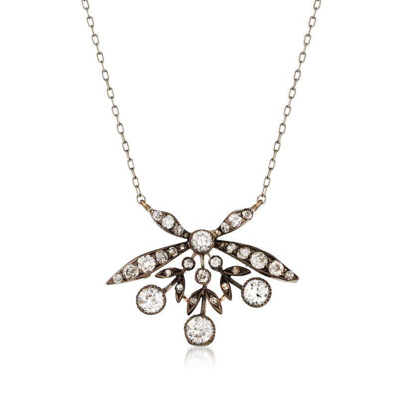 C. 1940 Vintage 1.85 ct. t.w. Diamond Floral Necklace in Sterling Silver and 14kt Gold. 18&quot; image number 1