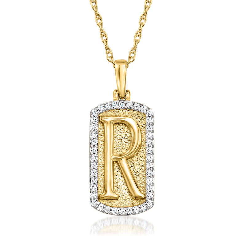 R - .20 ct. t.w. Diamond Initial Dog Tag Pendant Necklace in 18kt Gold Over Sterling. 18" image number 0