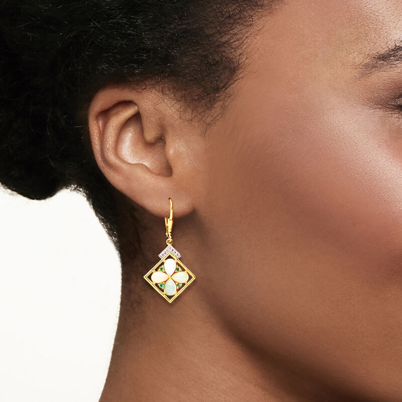 Ethiopian Opal and .30 ct. t.w. Emerald Drop Earrings with White Topaz Accents in 18kt Gold Over Sterling image number 1