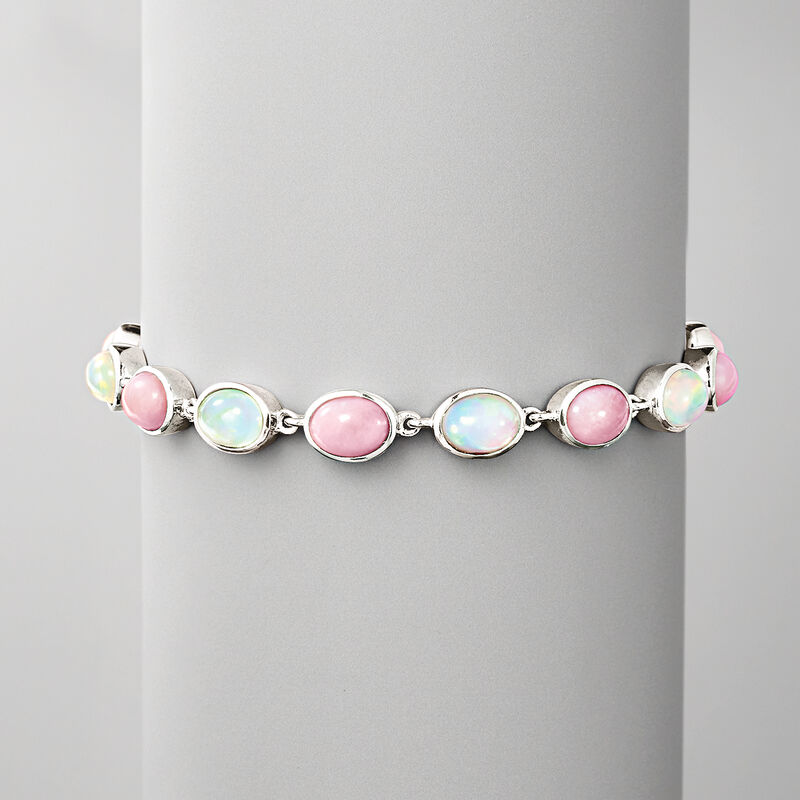 Pink and White Ethiopian Opal Link Bracelet in Sterling Silver. 7&quot; image number 2