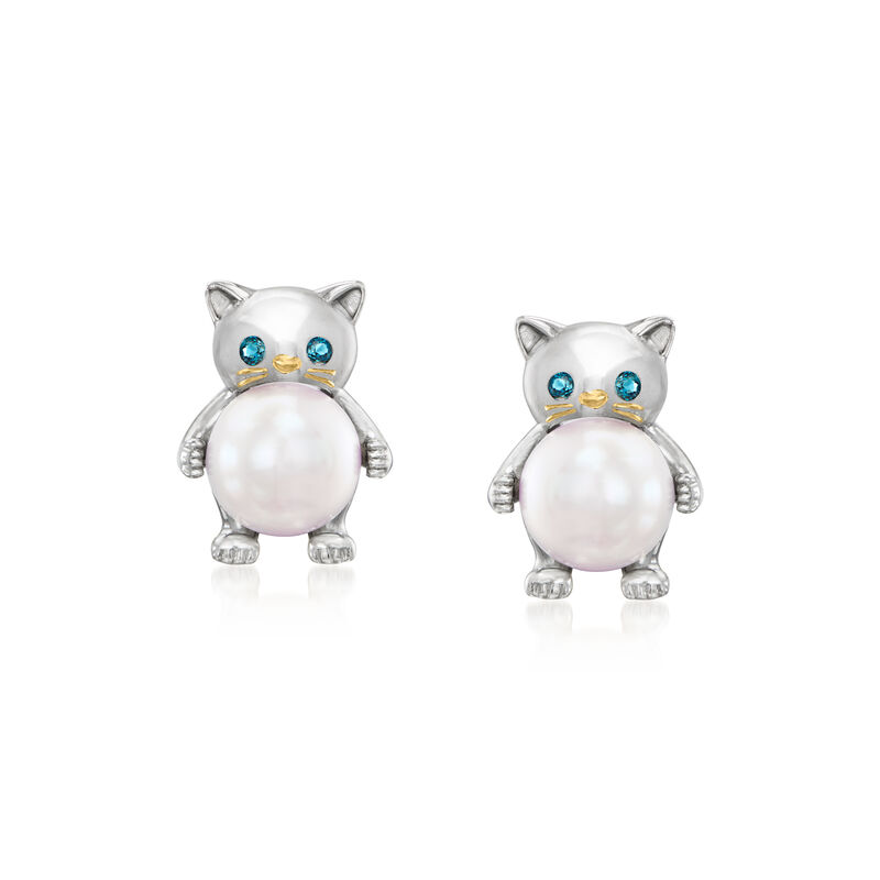 8-8.5mm Cultured Pearl Cat Earrings with London Blue Topaz in Sterling Silver and 18kt Gold Over Sterling  image number 0