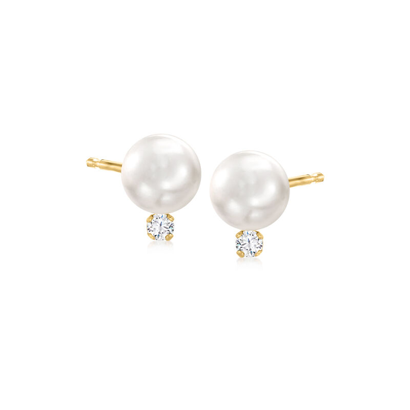 7-7.5mm Cultured Akoya Pearl and .10 ct. t.w. Diamond Earrings in 14kt Yellow Gold image number 0