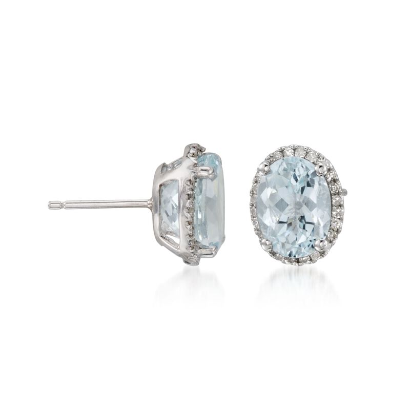 2.95 ct. t.w. Blue Aquamarine Stud Earrings with .10 ct. t.w. Diamonds in 14kt White Gold image number 2
